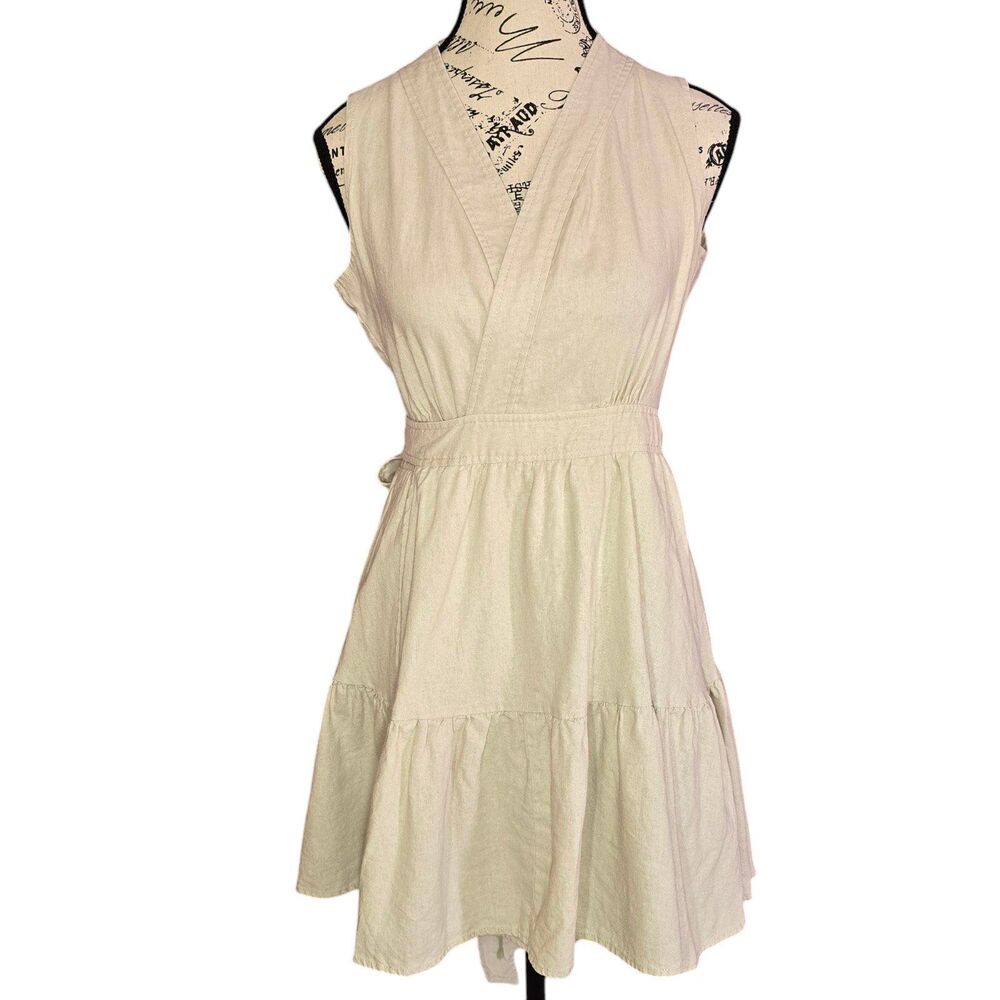Christian Lacroix linen blend wrap beige babydoll coquette mini dress. Medium
